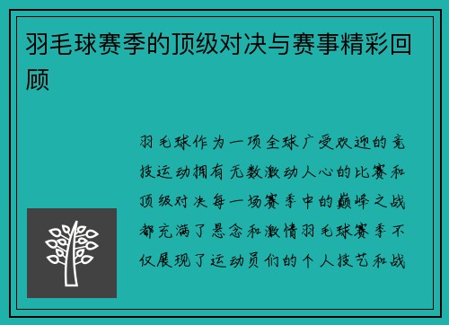 羽毛球赛季的顶级对决与赛事精彩回顾